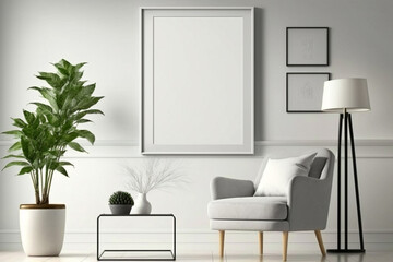 Minimalist living room with a large blank canvas and a comfortable armchair.