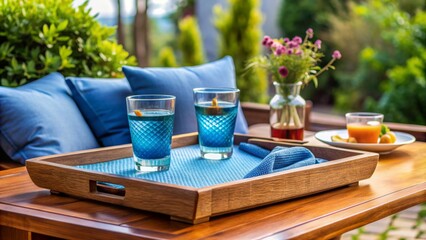 Blue Cocktails on a Wooden Tray with a View - Patio Relaxation, Summer Refreshment, Outdoor Living, Cocktail Hour, Garden Vibes, Tropical Drinks, Blue Drinks