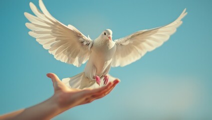 Obraz premium White Dove Taking Flight from an Open Hand