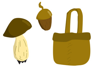 Hand drawn toon (cartoon) styled objects (set) isolated on white background (backdrop): mushroom, acorn, basket. Food. Object. Vector illustration.