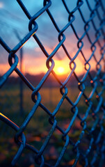 Fototapeta premium A fence with a chain link pattern and a sun shining through it. The sun is setting and the sky is a beautiful orange color