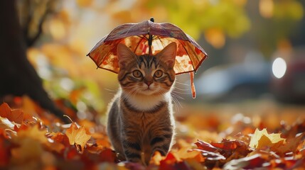 A cat with an umbrella hat explores a colorful autumn landscape filled with fallen leaves under soft sunlight