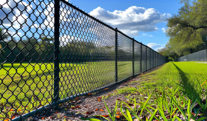 A chain link fence with a green background. The fence is surrounded by grass and leaves