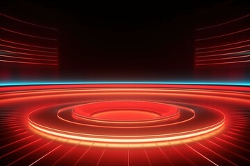Obraz premium Red neon glowing platform, dark background.