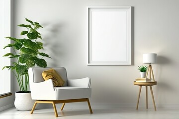Minimalist living room with armchair, plant, lamp, and empty frame.