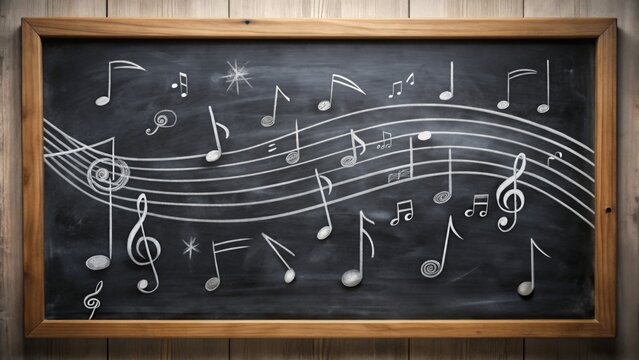Chalkboard Music Notes A Composition of Musical Symbols on a Black Surface, Music Education, Music Theory, Musical Instruments, Treble Clef, Music Notation, Black and White