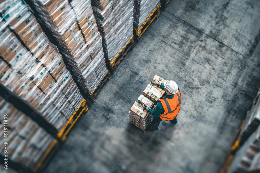 Poster warehouse worker moving boxes in a large storage facility. aerial view of inventory management in a 