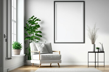 Minimalist living room with white armchair, plants, and a large empty frame.