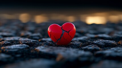 Fototapeta premium A broken red heart on a textured surface symbolizes heartbreak and emotional pain.
