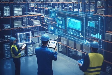 Workers in a futuristic warehouse using digital technology for inventory management and data analysis, showcasing modern industrial advancements.