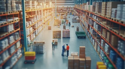 Workers in a large, organized warehouse manage inventory and logistics, ensuring efficient supply chain operations and timely product delivery.