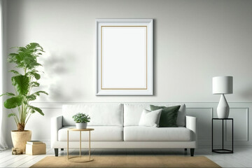 Minimalist living room with white couch, blank frame, and a plant.