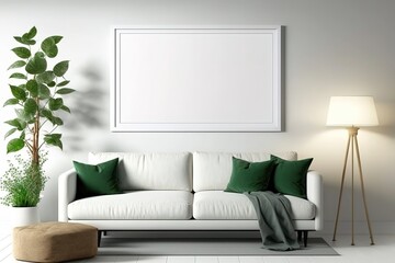 Minimalist living room with white couch, green pillows, and a floor lamp.