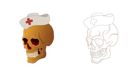 Tattoo design, skull illustration wearing a hat, skull side, line work completed, ready to work, transparent background, crown, chef hat, beret, etc. 문신도안 해골 건대타투