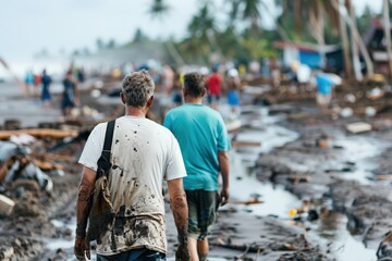 A group of volunteers walking through debris-laden streets after a hurricane, their resolve evident as they navigate the muddy and chaotic environment to help reconstruct lives and communities.