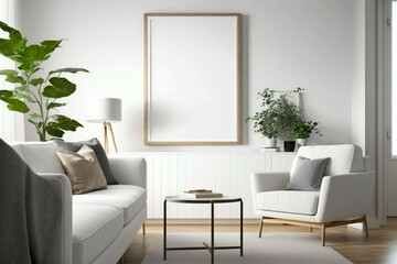Minimalist living room with white sofa, armchair, and a blank frame mockup.