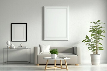 Minimalist living room with white sofa, coffee table and potted plant.