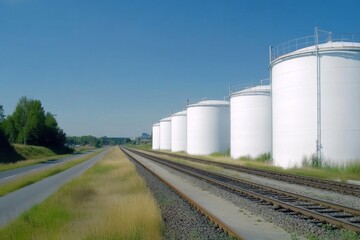 Obraz premium Sustainable Industrial Power: Towering White Storage Tanks by the Roadside and Railway, Set Against a Pristine Blue Sky