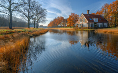 Fototapeta premium A house sits on a lake with trees in the background. The water is calm and the sky is clear