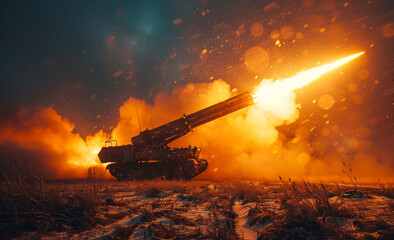 Obraz premium A large military tank is firing a cannon, with smoke and fire trailing behind it
