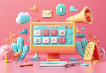 3D Illustration of a Modern Desktop with Colorful Icons