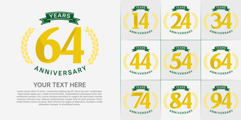 anniversary logotype set vector, yellow color and green ribbon for special day celebration