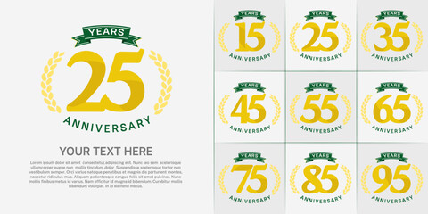 anniversary logotype set vector, yellow color and green ribbon for special day celebration