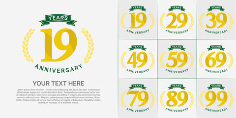 anniversary logotype set vector, yellow color and green ribbon for special day celebration