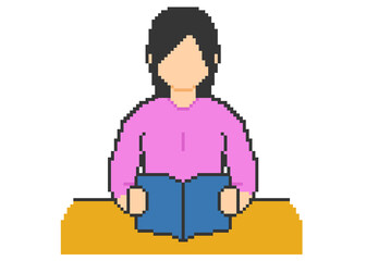 Woman reading a book on pixel art, pink clothes
