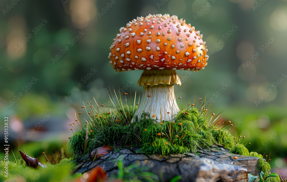 Poster a mushroom is sitting on a mossy log in a forest. the mushroom is orange and has many small dots on 