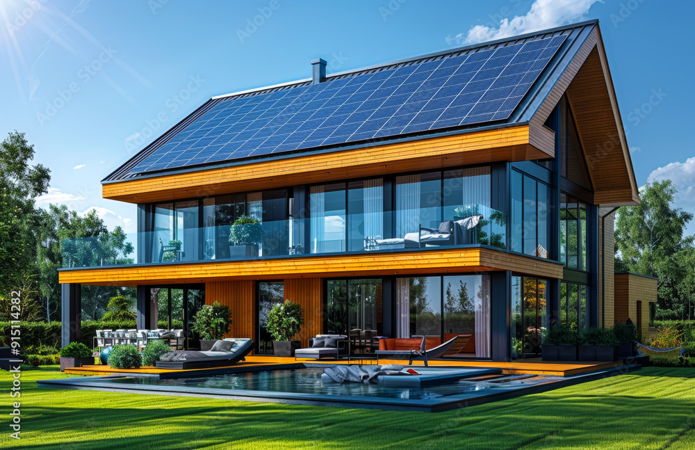Poster a large house with a pool and a balcony. the house is surrounded by trees and has a modern design