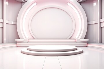 Modern minimalist stage with round podium and pink neon lights.
