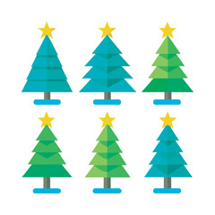 Set of Flat Christmas Tree Icons with Star Decorations  Vector Illustrations, Modern Flat Christmas Tree Icons Collection with Stars 