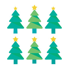 Set of Flat Christmas Tree Icons with Star Decorations  Vector Illustrations, Modern Flat Christmas Tree Icons Collection with Stars 