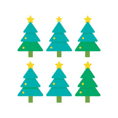 Set of Flat Christmas Tree Icons with Star Decorations  Vector Illustrations, Modern Flat Christmas Tree Icons Collection with Stars 