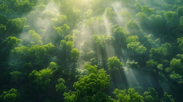 Photo of Dense forest from above on a sunny day with smoke surrounding the trees - Powered by Adobe