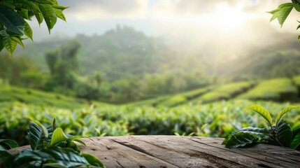 Obraz premium Tea plantation landscape on round wooden table with green leaf frame - Natural background for product display
