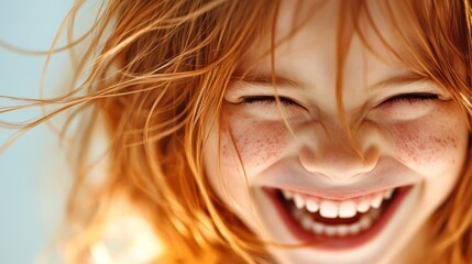 Close-up portrait of a young girl with red hair and freckles, laughing with joy.