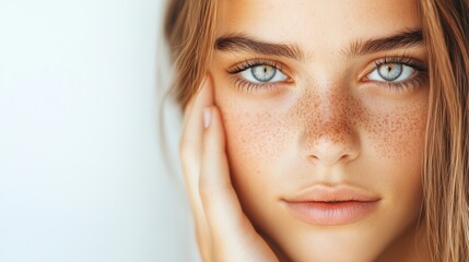 Naklejka premium Close-up portrait of a young woman with freckles and blue eyes. Her hand rests gently on her cheek.