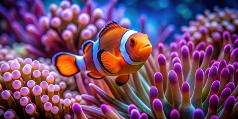 Clownfish swimming amidst vibrant sea anemones , underwater, marine life, coral reef, colorful, tropical