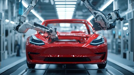 A sleek, minimalist car body glistens as automated spray systems flawlessly apply paint in a high-tech factory. Created with Generative AI.