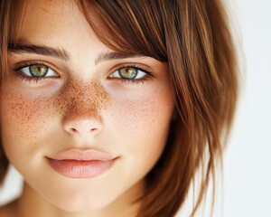 Obraz premium Close-up portrait of a young woman with freckles and green eyes