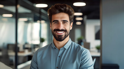 Obraz premium Portrait of a handsome smiling young man with a beard looking at the camera in an office. 