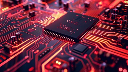 Closeup of a Computer Chip with Red Circuitry