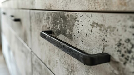 Laminate chipboard cabinet doors with concrete-like abstract pattern, vintage black handles, close-up. White structural dresser.