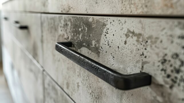Laminate chipboard cabinet doors with concrete-like abstract pattern, vintage black handles, close-up. White structural dresser.