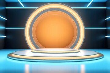 Modern podium with blue neon lights and a glowing ring.