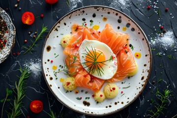 Trout Fillet and Poached Egg with Warm Potatoes, Arancino and Smoked Salmon, Sliced Red Fish
