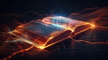 Glowing Open Book with Digital Waves