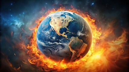 Devastating image of a burning earth engulfed in flames on a giant planet, apocalypse, disaster